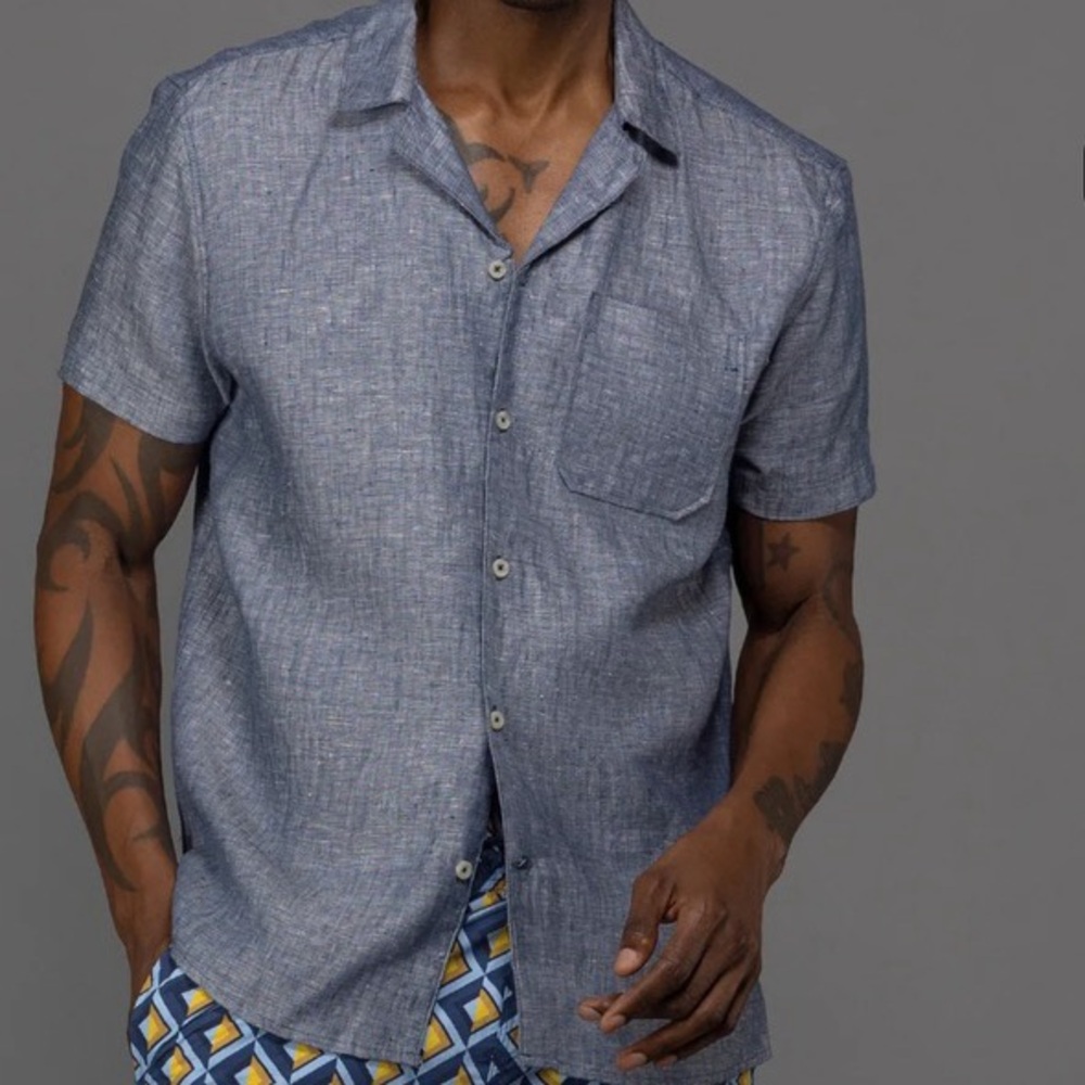 Ike Behar pure 100% Linen Men's sodalite Blue Short Sleeve Shirt. NWT size S